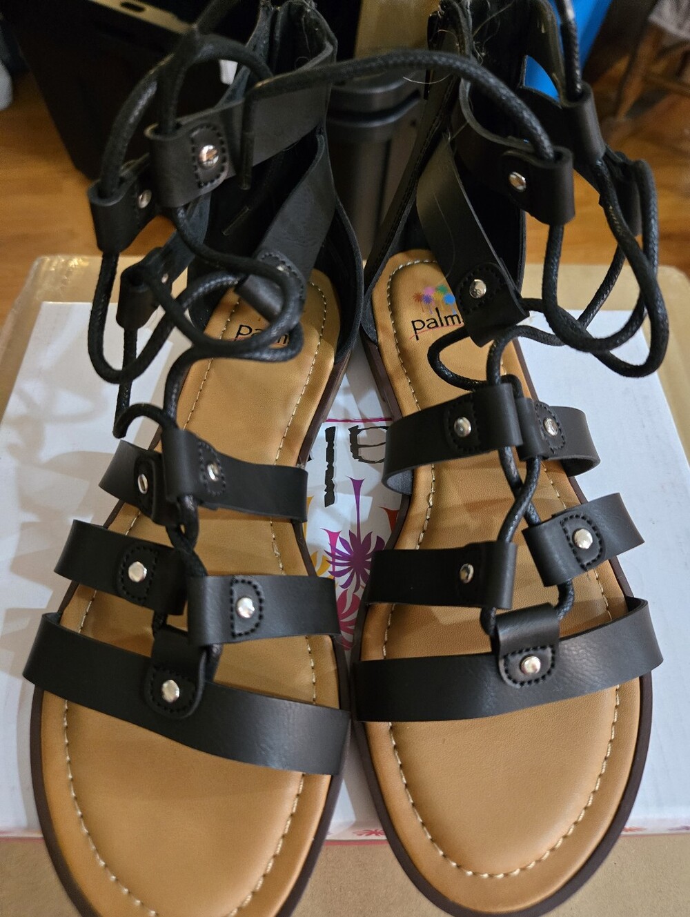 Palm Black Lace-Up Gladiator Sandals for Women